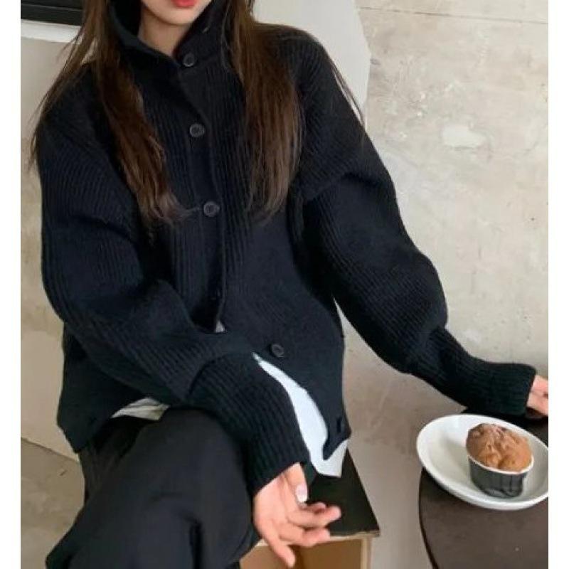 Autumn Winter High Collar Solid Color Sweater Ladies Loose Casual Buttons Knitting Outwear Female Cardigan Top