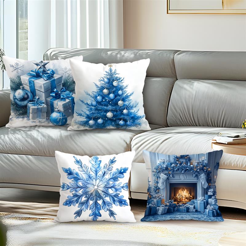 Blue Christmas Decoration Cushion Pillowcase Printed Polyester Throw Pillowcover Decorative Sofa Cushion Pillowslip
