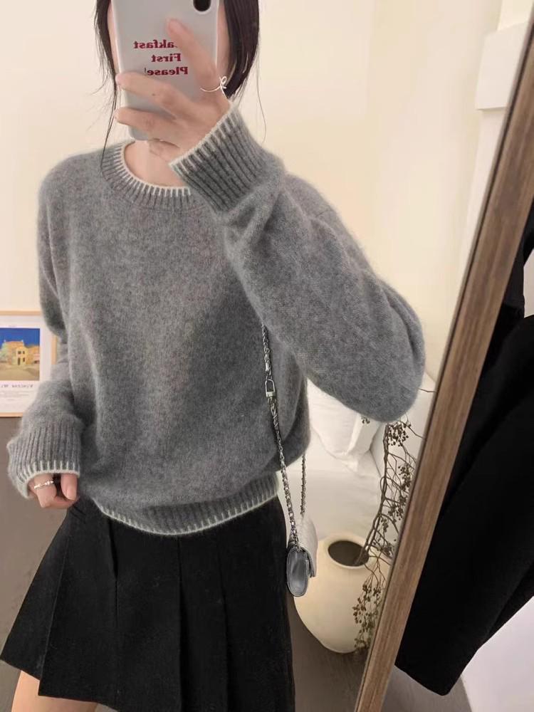 Women's European Style Grey Round Neck Merino Wool Sweater, High-End Autumn/Winter Cashmere Knitwear.