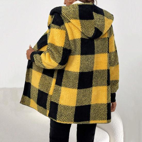 Winter Sweater Coat Plaid Print Hooded Thick Windproof Open Stitch Cardigan Outerwear Mid Length Fuzzy Plush Jacket for School Travel