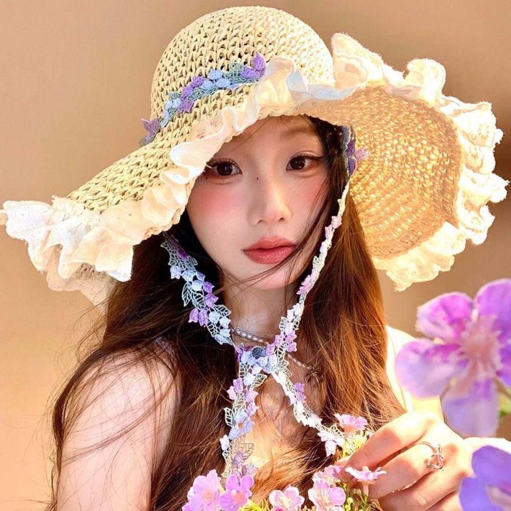 Breathable Big Brimmed Straw Hat Lightweight Woven Sun Cap Elegant Vacation Beach Cap  Carnival