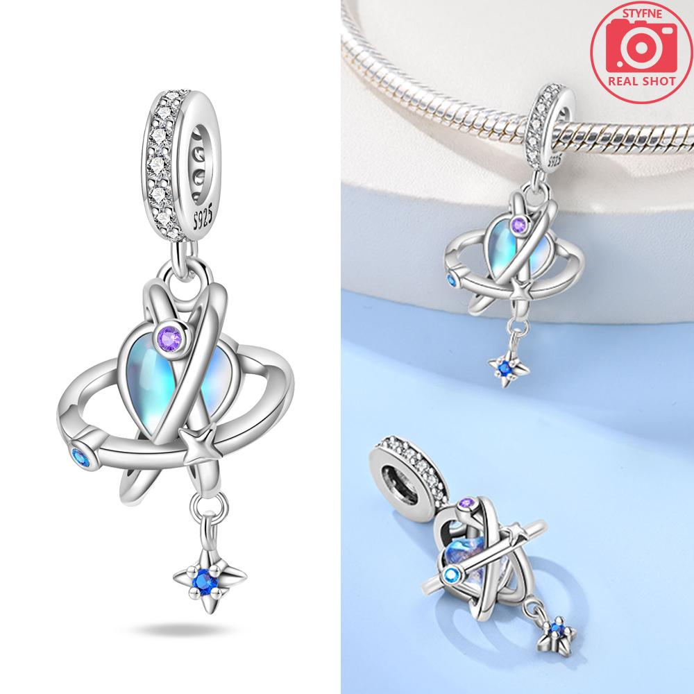 Charms 925 Silver Blue Zircon Moon Moon Luminous Star Beads Pendant Fit Bracelet Woman DIY Jewelry Fine Gifts Making