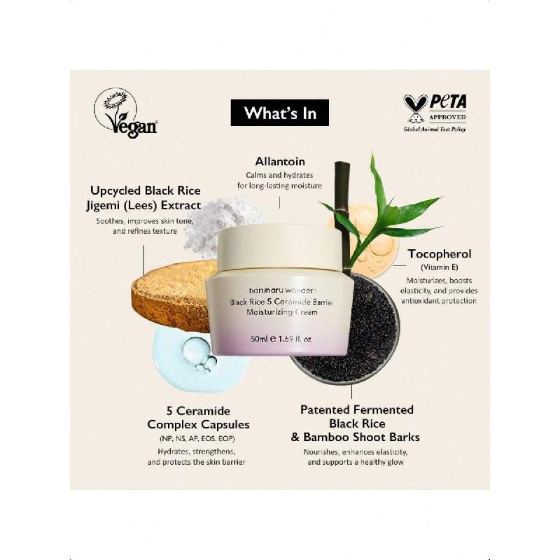 HaruHaru Wonder Black Rice 5 Ceramide Barrier Moisturizing Cream, Daily Skin Barrier Care, Long-Lasting Hydration, Soothing & Nourishing,  50ml