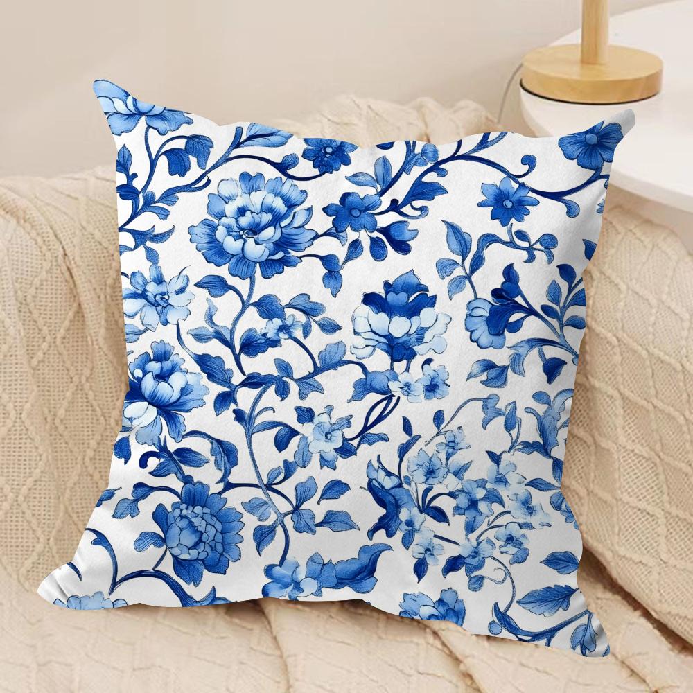 Ethnic Style Blue Floral Cushion Cover Soft Plush Fabric Double-Sided Printed Sofa Cushion Cover for All Seasons Home Decor Gift