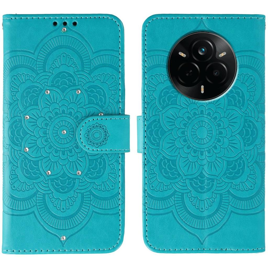 For Realme 14 Pro 5G Case Rhinestone Decor PU Leather Mandala Imprinted Design Phone Cover with Wrist Strap