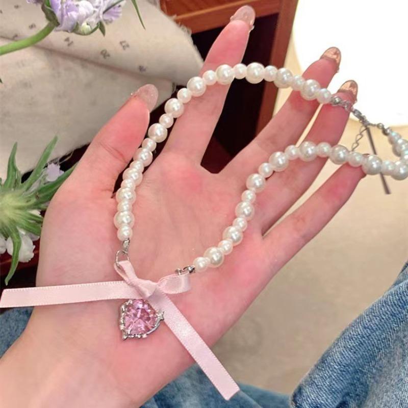 Romantic Pink Love Bow Pearl Necklace Female Niche Design Sense Sweet Pure Desire Neck Chain Collarbone Chain