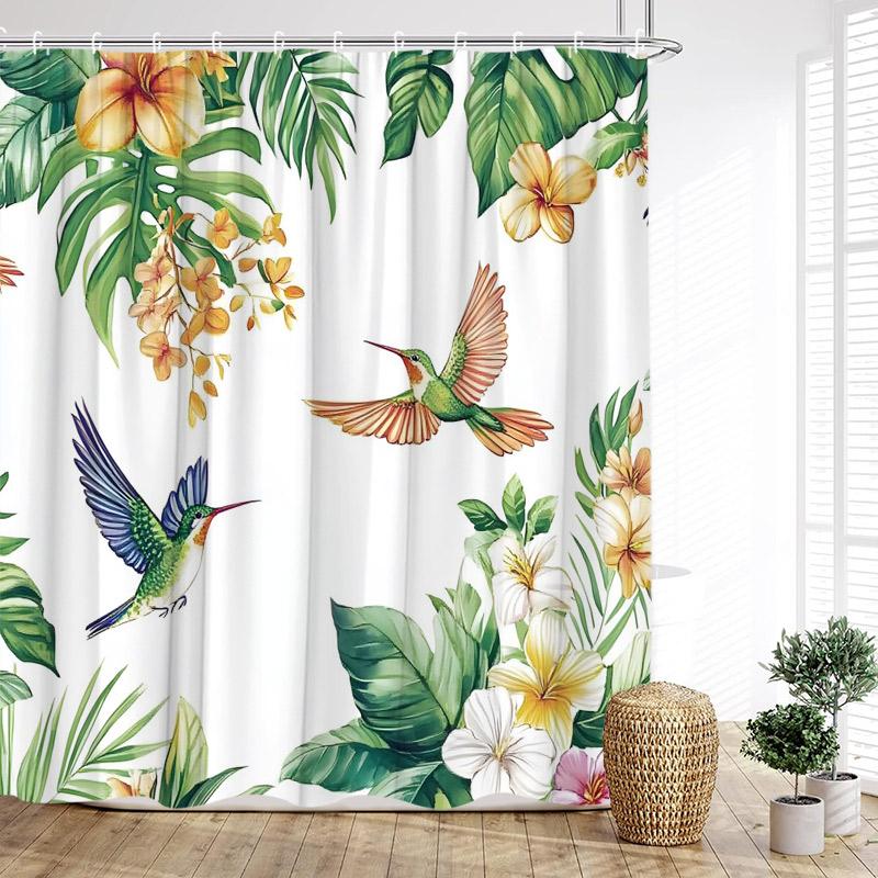 Tropical Hummingbirds Shower Curtains Green Gold Palm Monstera Leaves Flowers Bath Curtain Polyester Fabric Home Bathroom Decor