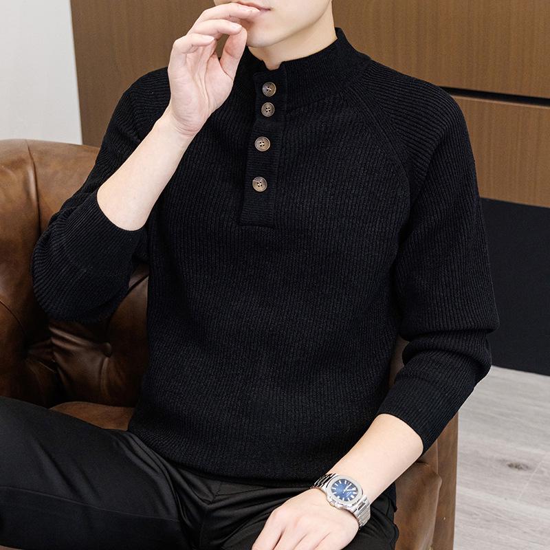 Men's Retro Half-High Collar Knit Sweater - Youthful College Style, Woolen Base Layer for Autumn/Winter