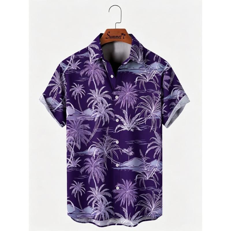 Men's Hawaiian Style Island Coconut Tree Short Sleeved Shirt with Full Print Collar Buttons, Beach Vacation Shirt