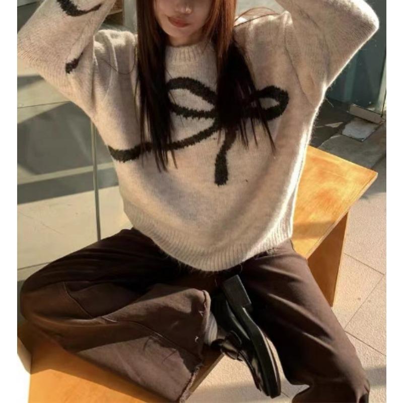 

Autumn and winter new versatile design bow knitted sweater women s loose soft waxy round neck pullover one size fits all