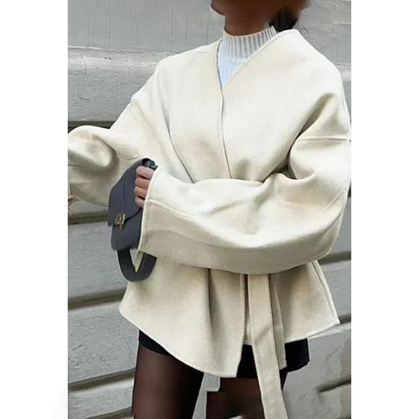 Fashion Solid Color Lace Up Women's Fur Jacket Belt Elegant V-neck Long Sleeved Jacket Autumn and Winter Women's Street Jacket