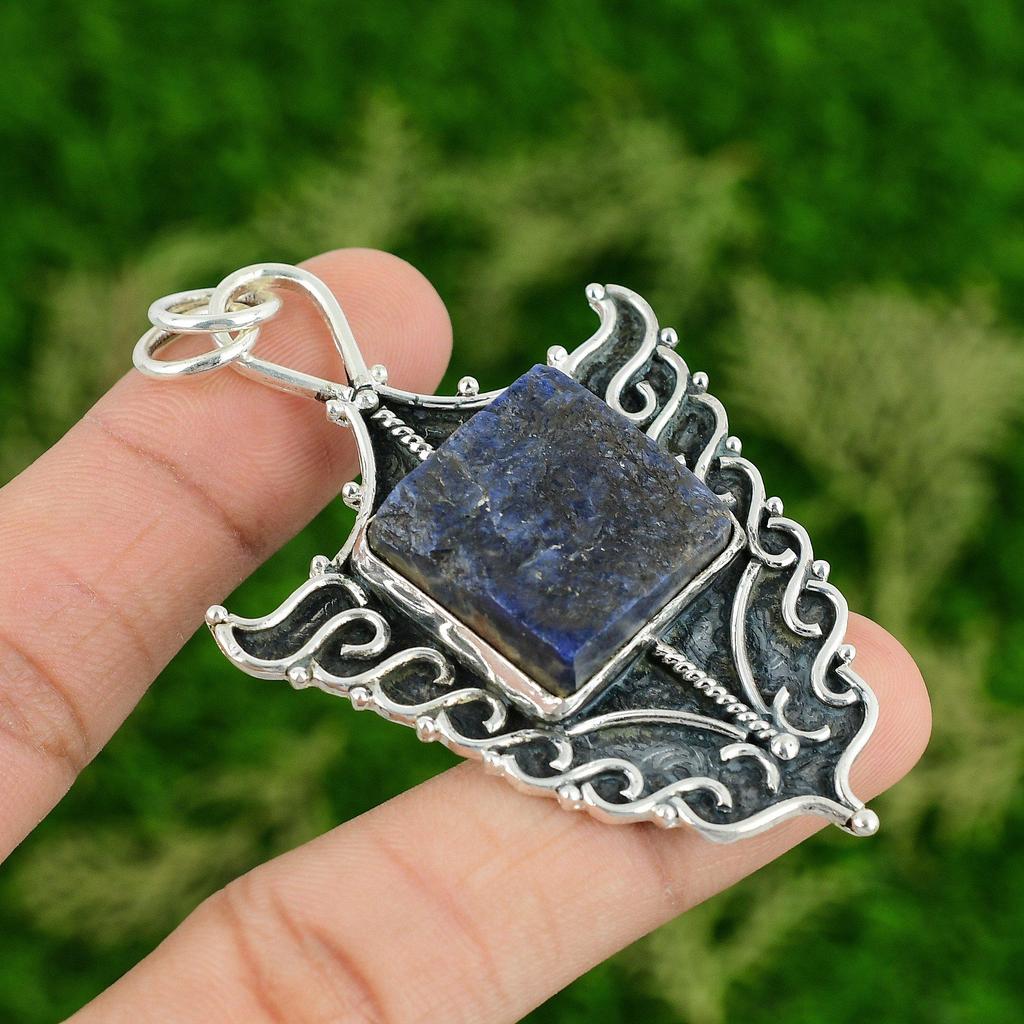 Daughters Day Sale 925 Sterling Silver Cushion Sodalite Rough Stone Wife Pendant