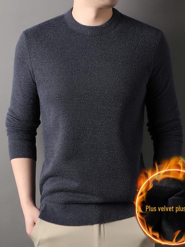 Men's Warm Thickened Knit Sweater - Autumn/Winter Casual, Middle-Aged, Round Neck, Solid Color, Fluffy Velvet.