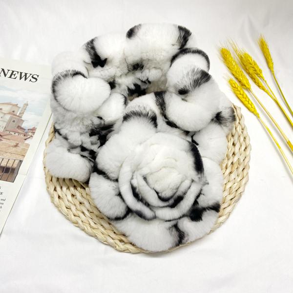 Natural Rabbit Fur Scarf Women Real Rex Neckwarmer Stylish Winter Warm Fashion Female Scarves Floral Shawls 65x12cm