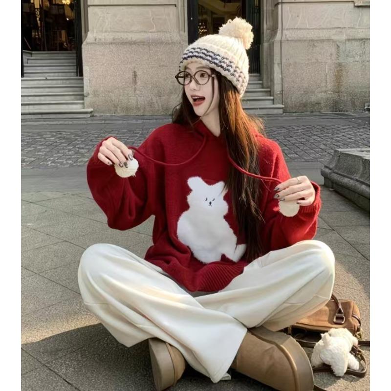 Christmas Festival Women's Hooded Sweater Korean Loose Cartoon Pattern Long Sleeved Woman Pullover Winter Casual Fashion Ladies Knitted Sweaters