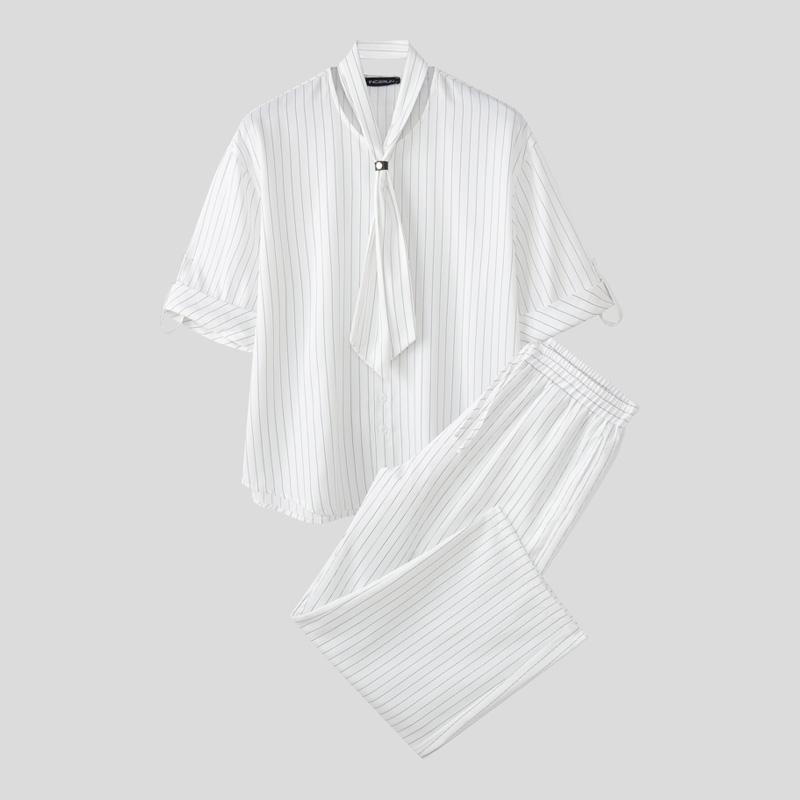 

INCERUN 2 шт. Мужская рубашка с завязками на шее, с коротким рукавом, длинные прямые брюки, полосатые комплекты 5XL белый