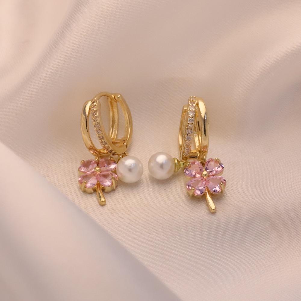 1 Pair Fashion Colorful Four-leaf Clover Zirconia with Imitation Pearls Dangle Earrings for Women Golden Earring Jewelry Wedding Party Accessories