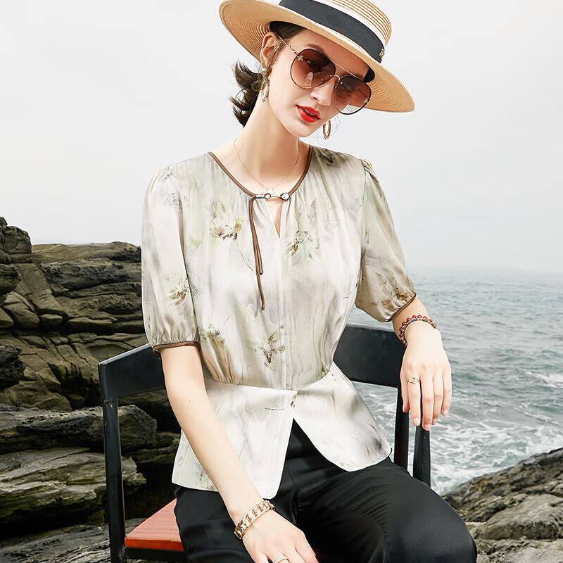 XUEXI Women s New Chinese Style Mulberry Silk Short-Sleeve Top M