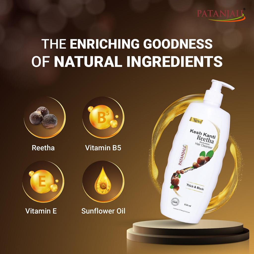 Patanjali Kesh Kanti Reetha Haarreiniger 650 ml Natürliches Shampoo für dickes schwarzes Haar Kopfhautpflege