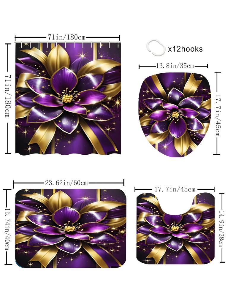 4pc Purple Gold Lotus Bath Curtain Set, 2D Flat Printed Bathroom Partition Curtain, Modern Home Curtain Decoration