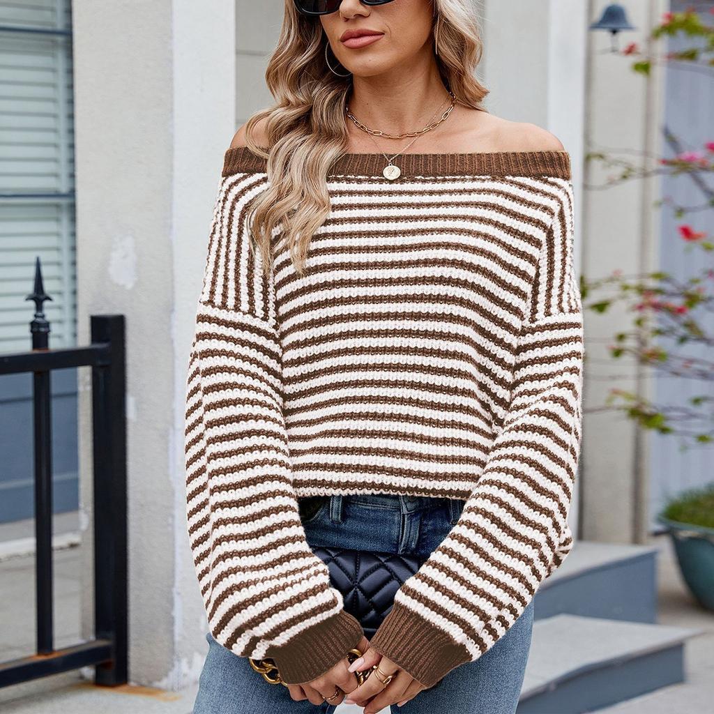 Women's Fashionable Striped Contrasting Temperament One Neck Knitted Sweater Top