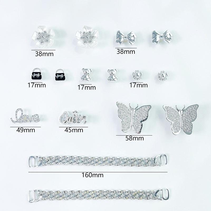16PCS Luxury Shoe Charms Set Accessories Hole Shoe Buckle Silver Rhinestone Butterfly Chain DIY Shoes Decorations Party Gift
