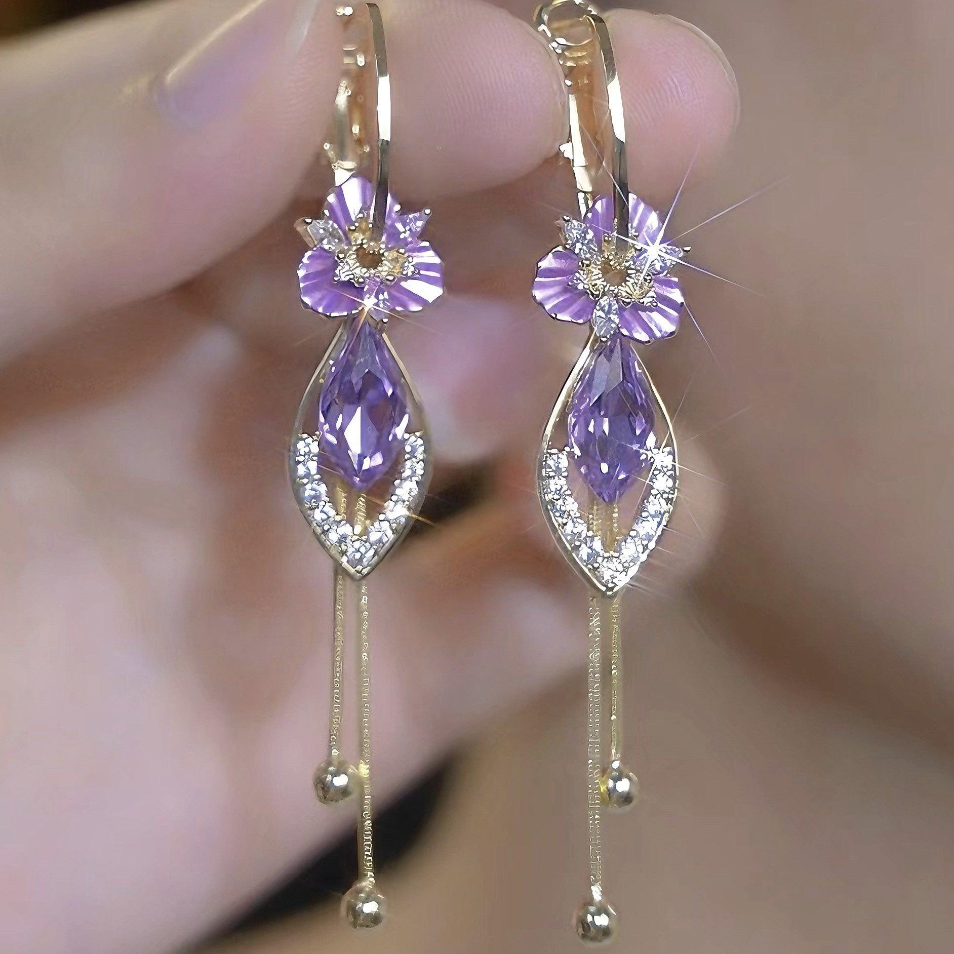 New Exquisite Niche Temperament Purple Flower High-end Tassel Earrings Light Luxury Fashion Versatile Earrings