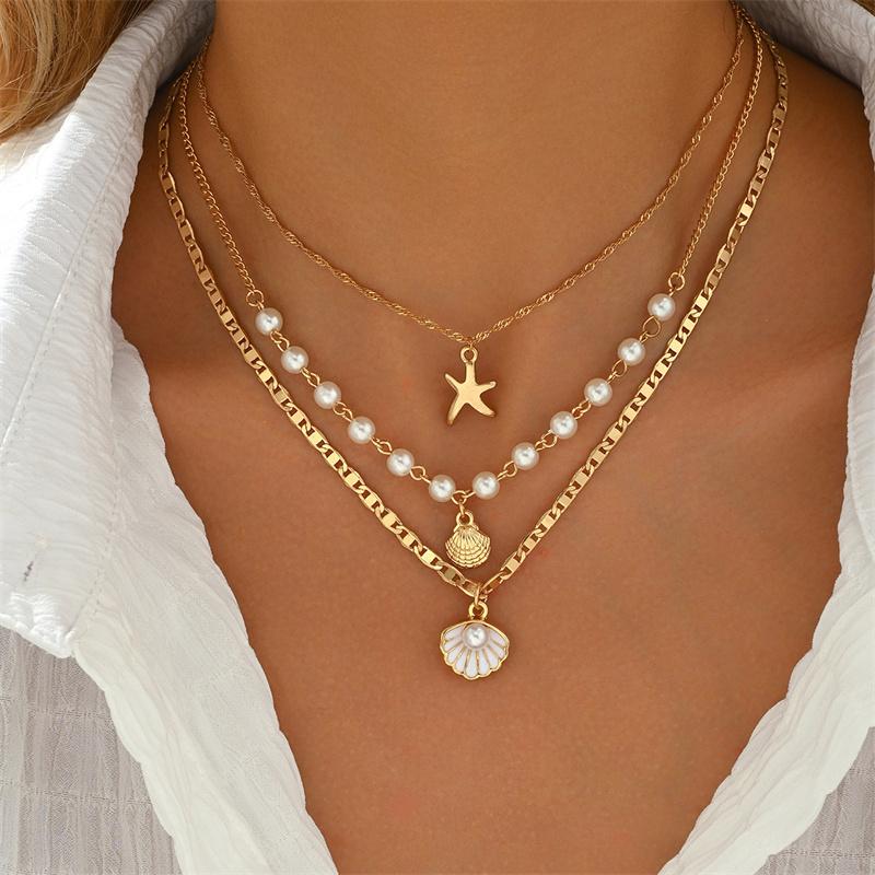 

Trendy Multilayer Shell Starfish Pendant Necklace for Women Elegant Imitation Pearl Chain Choker Boho Beach Party Jewelry Gift
