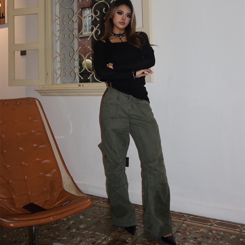 

Vintage American Retro Pleated Pocket Work Pants - Straight Leg Logger Streetwear L зелений