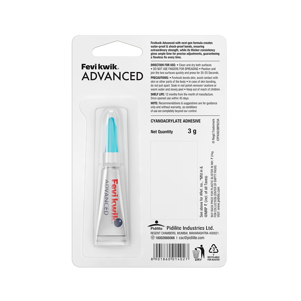 Fevikwik Advanced 3 GM Instant Glue Pack of 2 Waterproof Shockproof Strong Adhesive Multi Surface Repair Solution