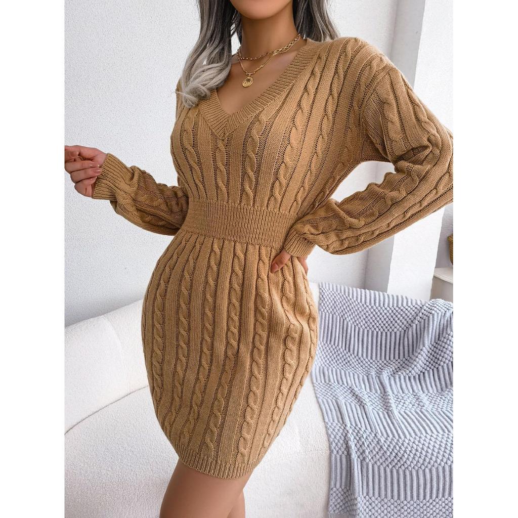 Damen Pulloverkleider Cocktail V-Ausschnitt Strickkleid Pullover Etuikleid