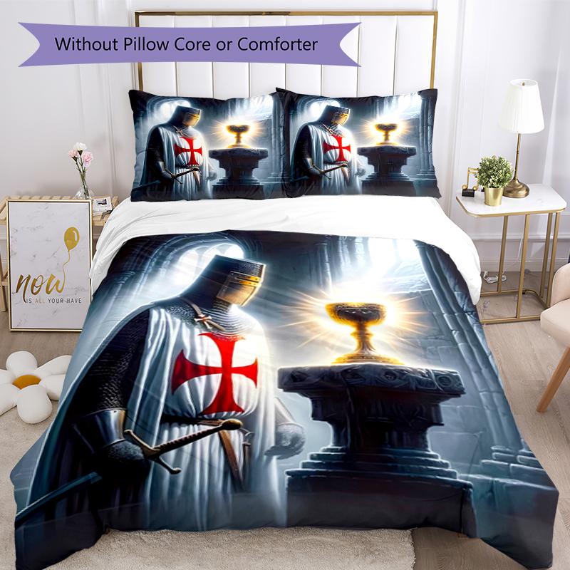 3pcs Knights Templar1 Pattern Bedding Set Duvet Cover Set Includes Duvet Cover &pillowcases, Perfect All Season Bedroom Decoration & Gift