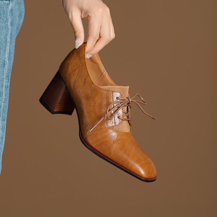 Fashion NEW Spring/Autumn Women Pumps Genuine Leather Shoes for Women Square Toe Chunky Heel Shoes Concise Black Lace-up Handmade Shoes