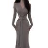 Straps Want a New V-neck Lace-up Long-sleeved Dress for Children's Autumn Wear, Slim-fitting and Thin Temperament Long Dress, Hip-wrap Skirt