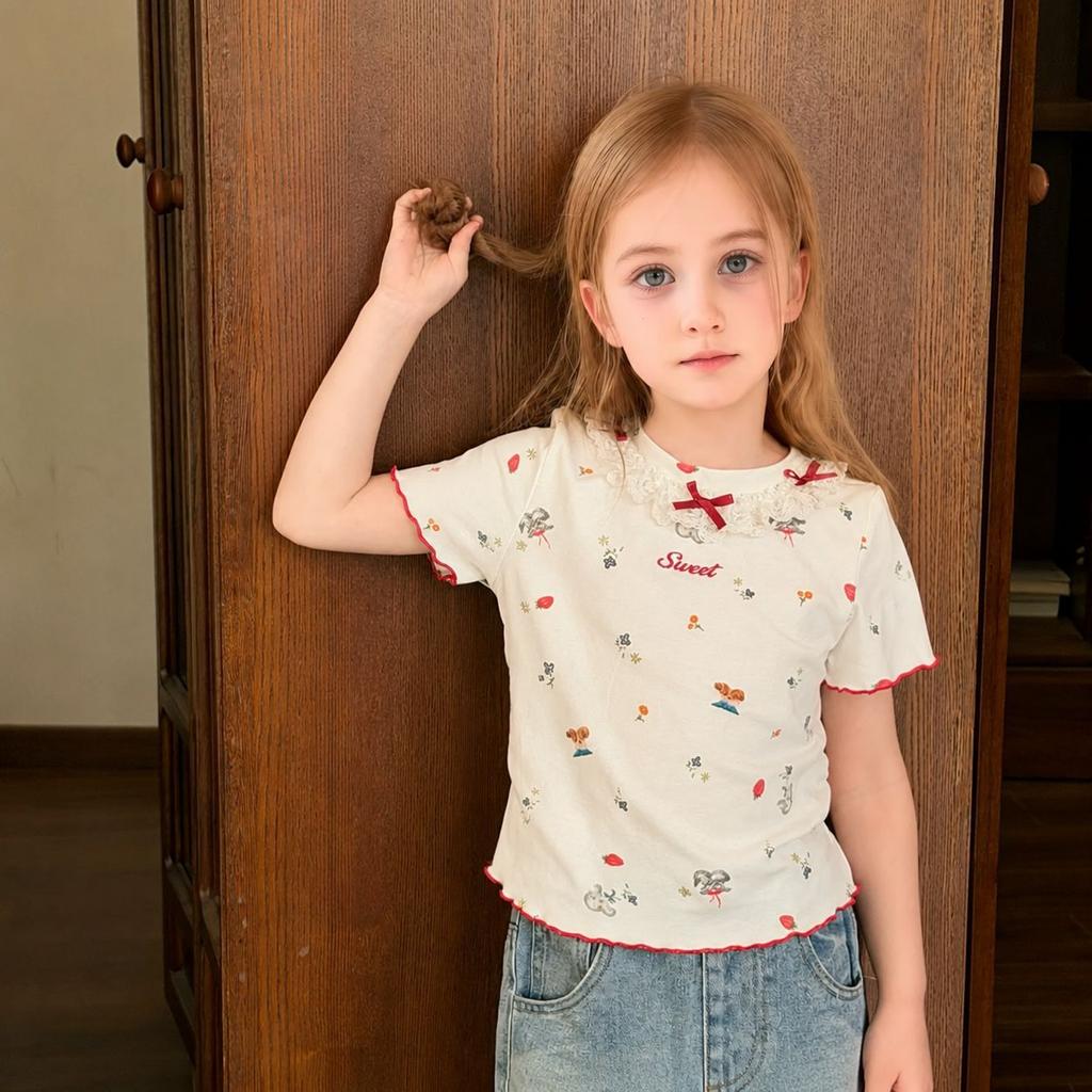 Girls Sweet Floral Short Sleeve T Shirt Casual Trendy Top For Big Kids