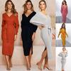 WarmJacktes Autumn Winter Women 'S Knit Solid Color Long -Sleeved V -Neck Dress Warm Bottoming Skirt