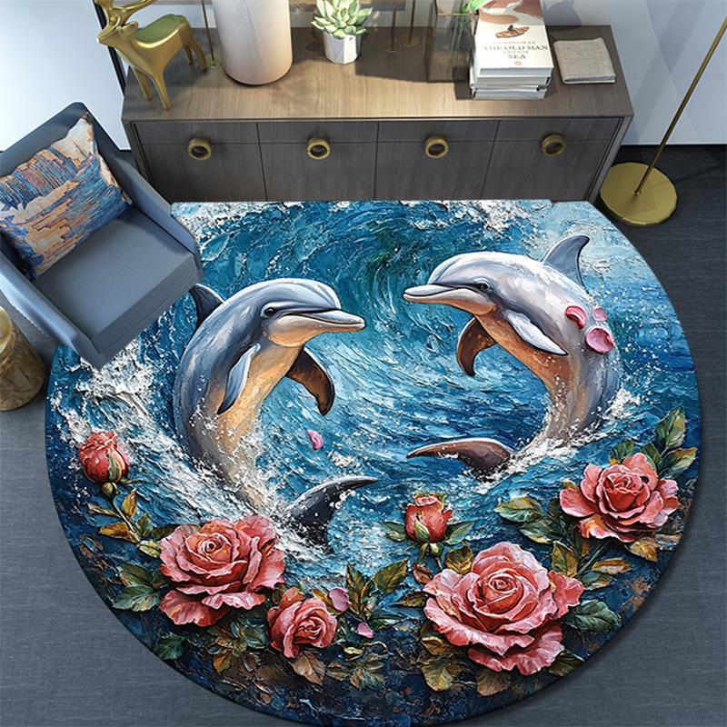 Dolphins Round Area Rug,Carpet Rug for Living Room Bedroom Sofa Playroom Decor,Non-slip Floor Mat