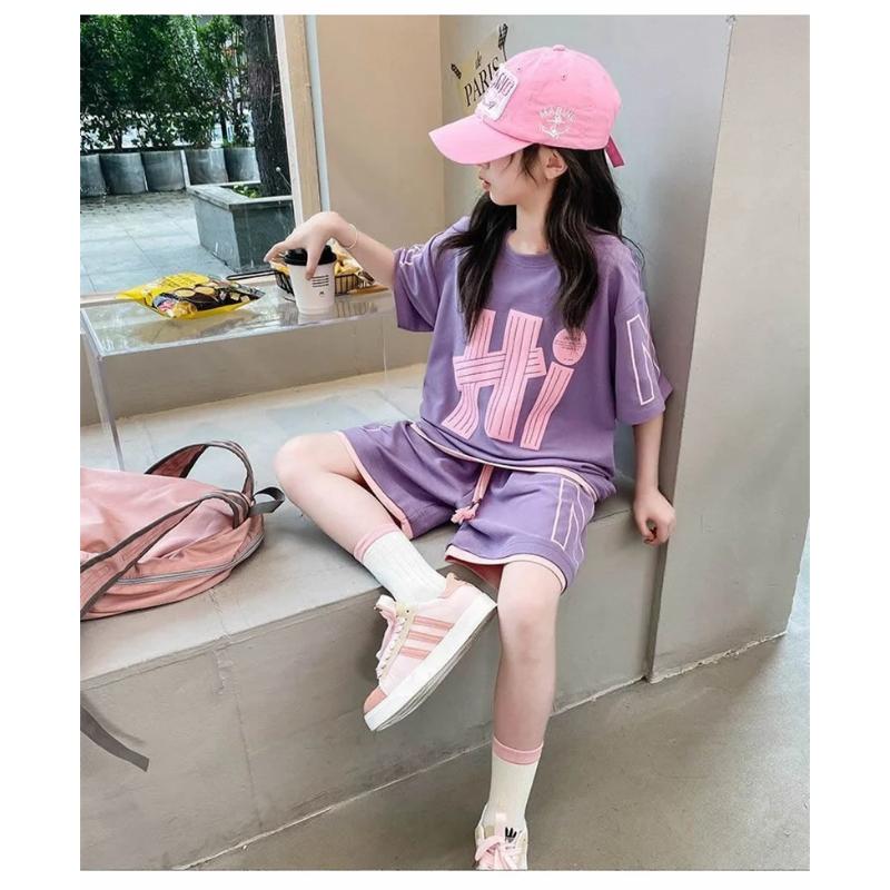 Girls Loose T-Shirts Sets Summer New Kids Short Sleeve Tops+Shorts 2Pcs Teen Letter Print Suits Children Clothes Casual Outfits