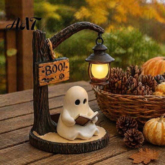 Cozy Halloween Atmosphere Light Hanging Ghost Night Resin Figurine, Vintage Farmhouse Glowing Tabletop Ornament, Country Style Display Warm