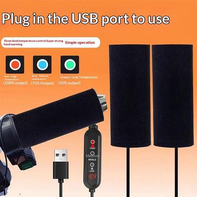 1 Set Fast Heating Non-Destructive Stick-On Installation Warmers Moto USB Heated Handlebar Grips 3-Gear Temperature Control
