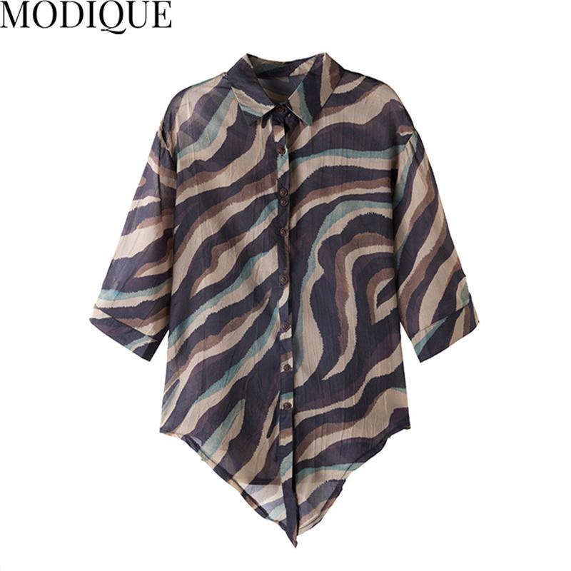MODIQUE Estate Taglie Forti Donna Cotone Lino Cucito Camicette Camicie Stampa Taglio Ondulato Estate Cappotti Oversize Bottoni POLO