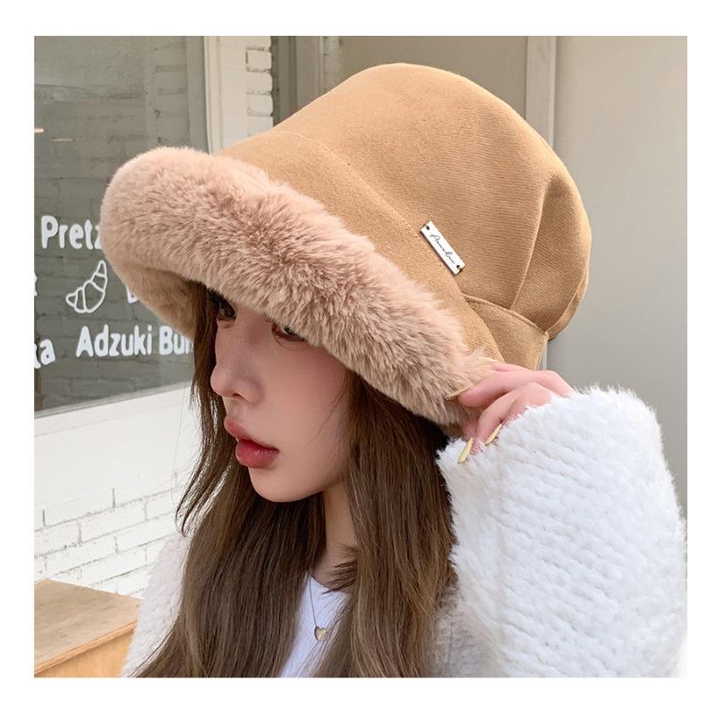 Autumn Winter Pleated Patchwork Basin Hat for Outdoor Warmth Windproof Protection Ear Protection Thickened Plush Fisherman Hat for Women