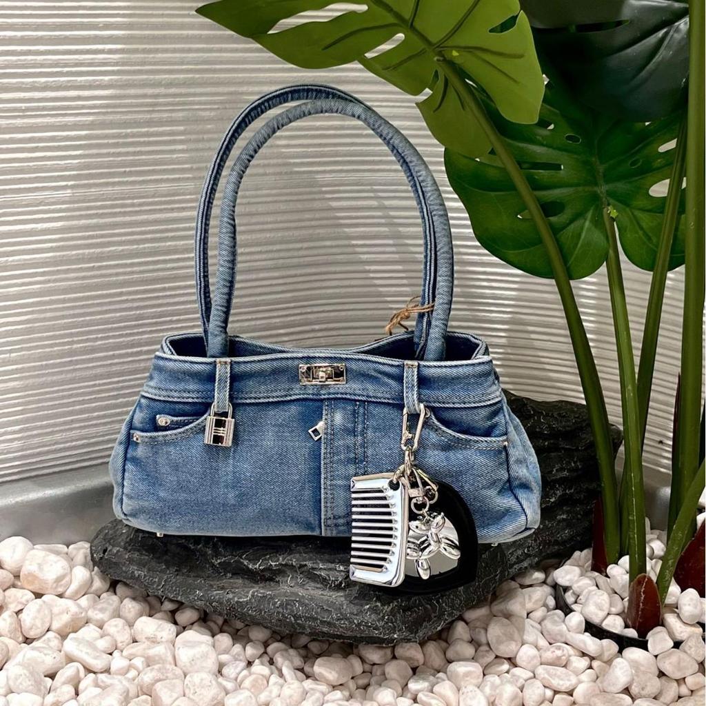 Niche Distressed Washed Denim Baguette Shoulder and Crossbody Bag with Comb Mirror