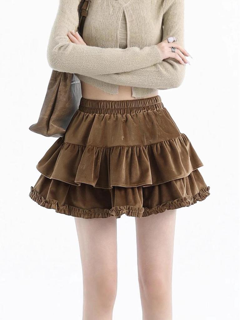 Velvet High-Waist A-line Skirt: Women's Sweet Hepburn Style for Spring/Autumn