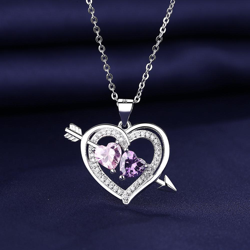 2026 European and American Style Eros Arrow Necklace Female Heart-to-heart Love Shape Two-color Fashion Hollow Birthstone Pendant 45CM