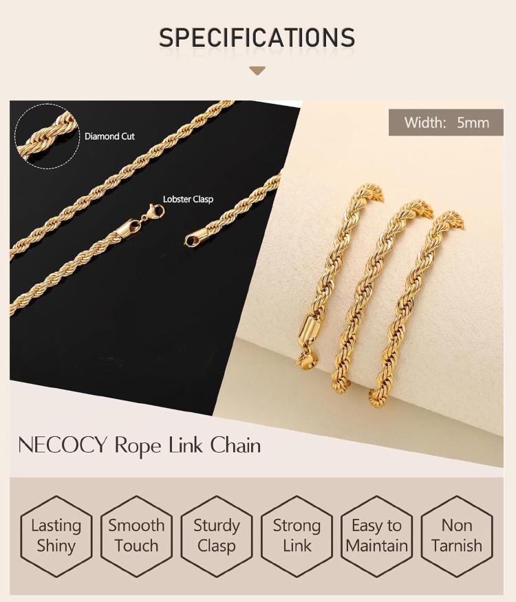 Classic 2/3/4/5MM Gold Plated Stainless Steel Rope Twist Chain Necklace for Men Women Waterproof Fade Resistant