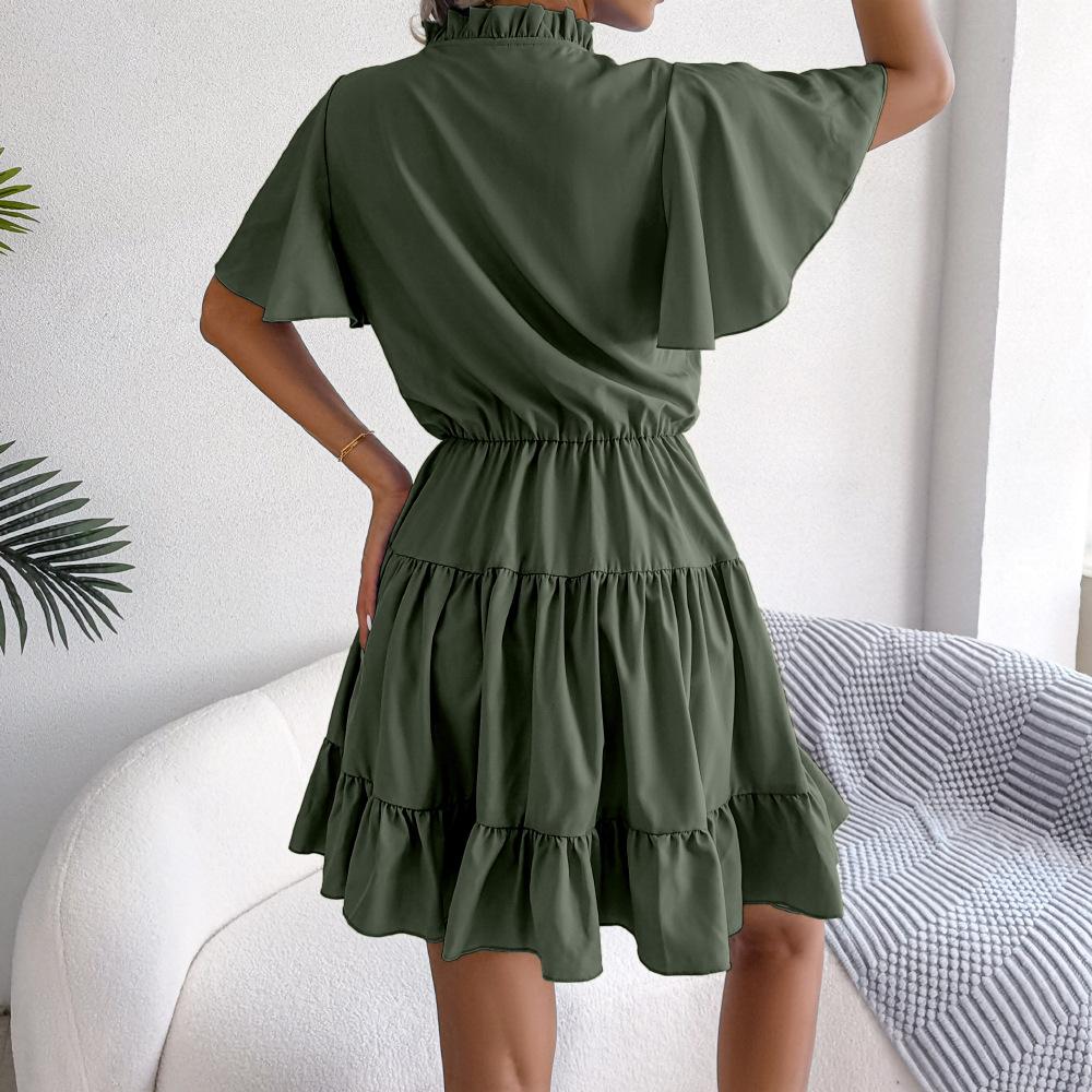 Frühlings- und Sommer Rüschenrock Flattergürtel Schwingendes A-Linien-Kleid Einfarbige Kleider Mode Damenkleider