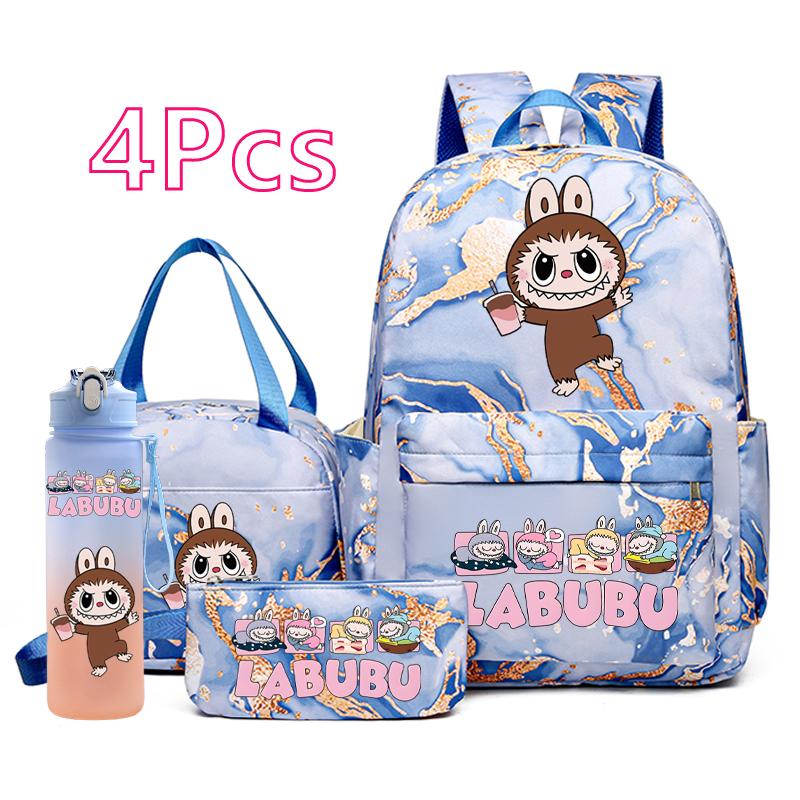 4Pcs/set Cute Anime Pirnted Backpack 750Ml Water Bottle Lunch Bag Pencil Bag Outdoor Student Girl Large Capacity Schoolbag Water Cup