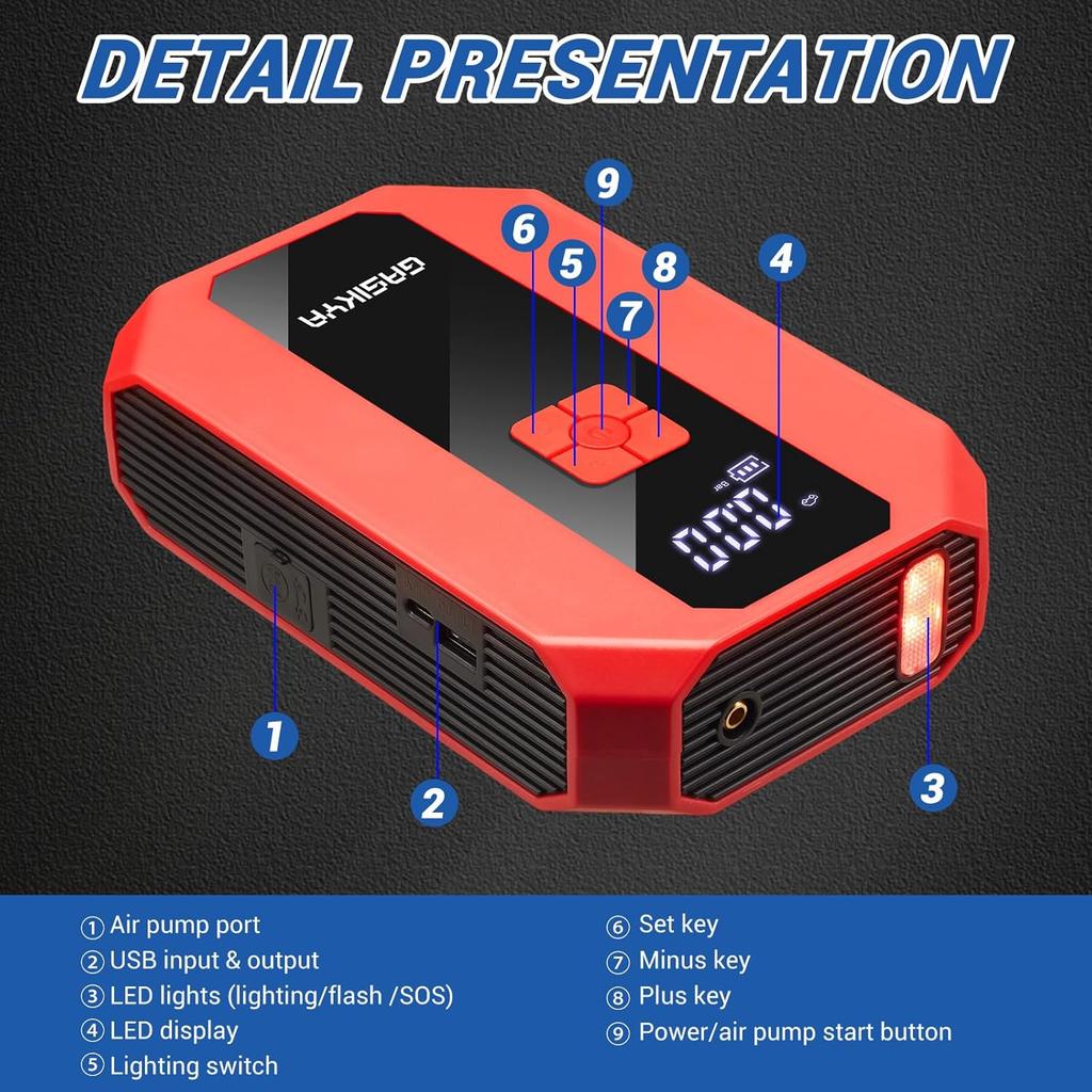 20000mAh Tragbarer Auto-Notfallstarter Luftpumpe Multifunktional 4-in-1 Luftkompressor Powerbank Autobatteriestarter Auto starten Reifenfüller