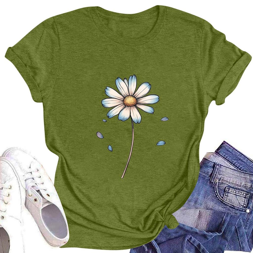 Camiseta feminina casual estampada de manga curta com decote redondo